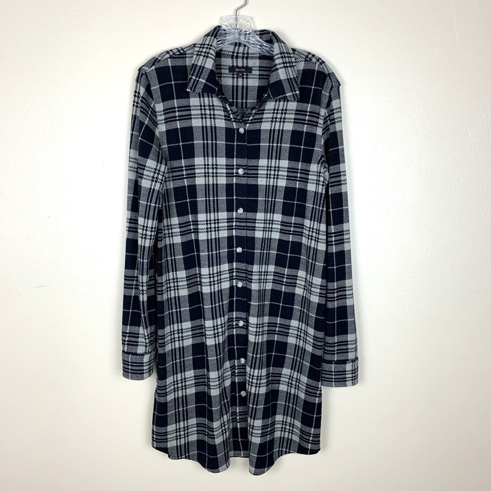 Quince Stretch Sweater Fleece Shirt Dress Black Check Size M Pockets Fall Plaid